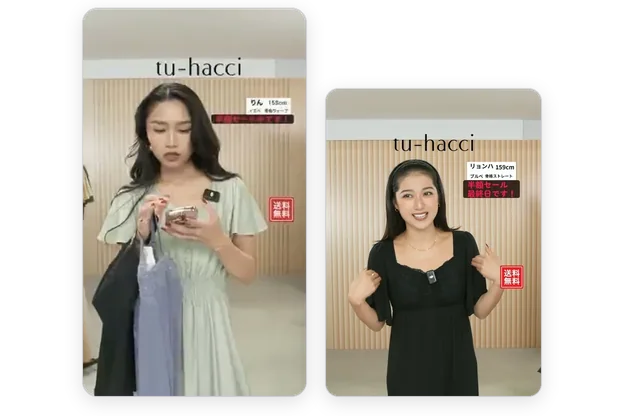 tu-hacci の TikTok LIVE 2 画面。配信者がワンピースを着用して紹介している画面と、リョンハさんが黒いワンピースを着用して紹介している画面